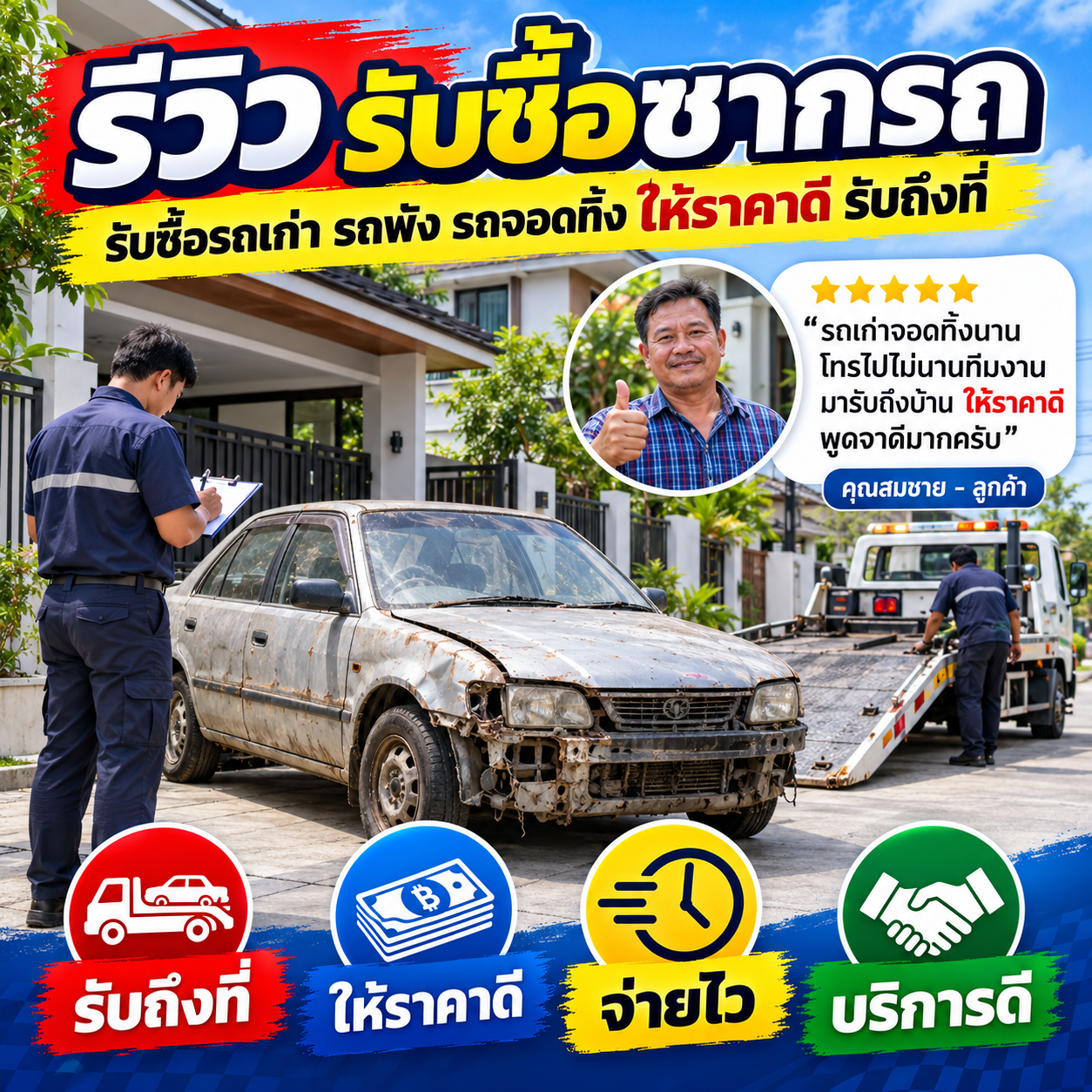 รีวิวลูกค้า คุณสมชาย ว. รับซื้อซากรถยนต์ทุกรุ่น