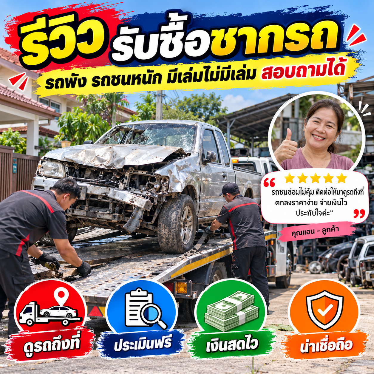 รีวิวลูกค้า คุณวิภาวรรณ ส. รับซื้อซากรถยนต์ทุกรุ่น